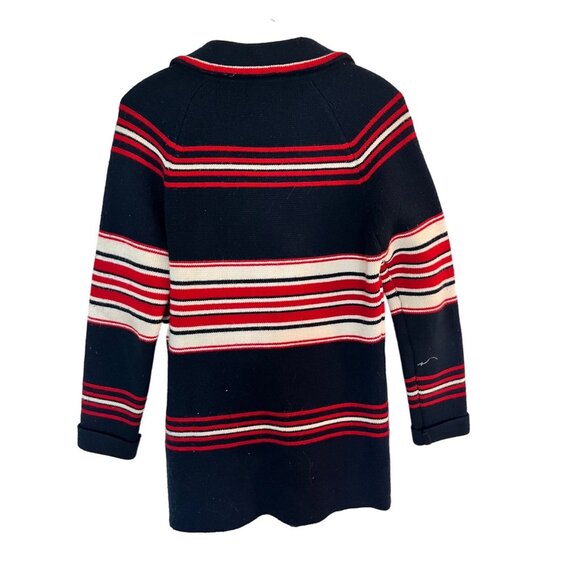Vintage Lambswool Cardigan Sweater Hand Loomed Striped Navy Red White Sz M - Picture 2 of 7